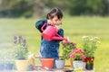 Asia child girl education  care plant flower in garden. Kid gardening for education outdoor sunnyÃÂ  nature background. Royalty Free Stock Photo